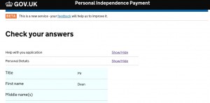 PIP Digital Service showing the 'Check your answers' function