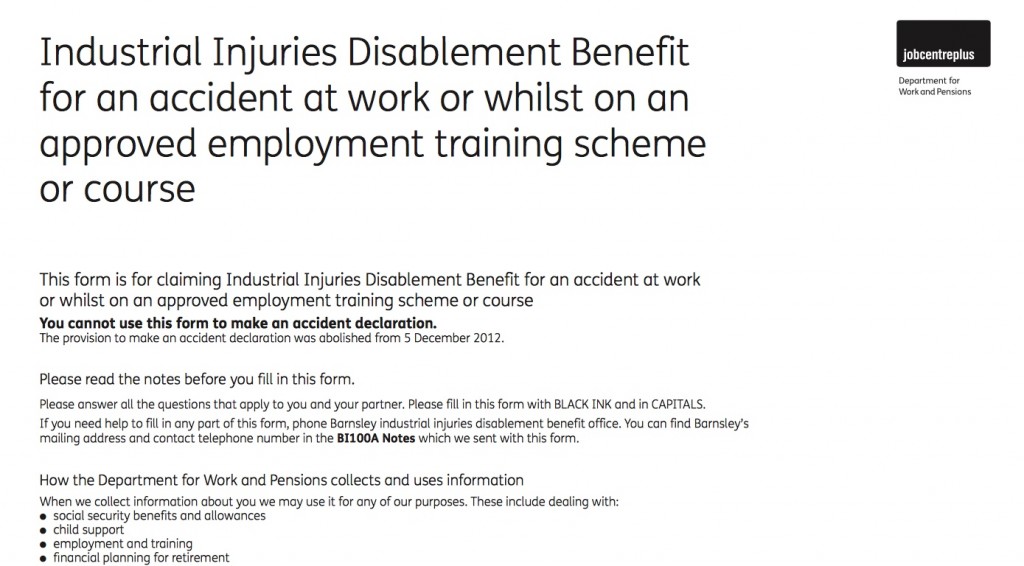 An existing Industrial Injuries Disablement Benefit form