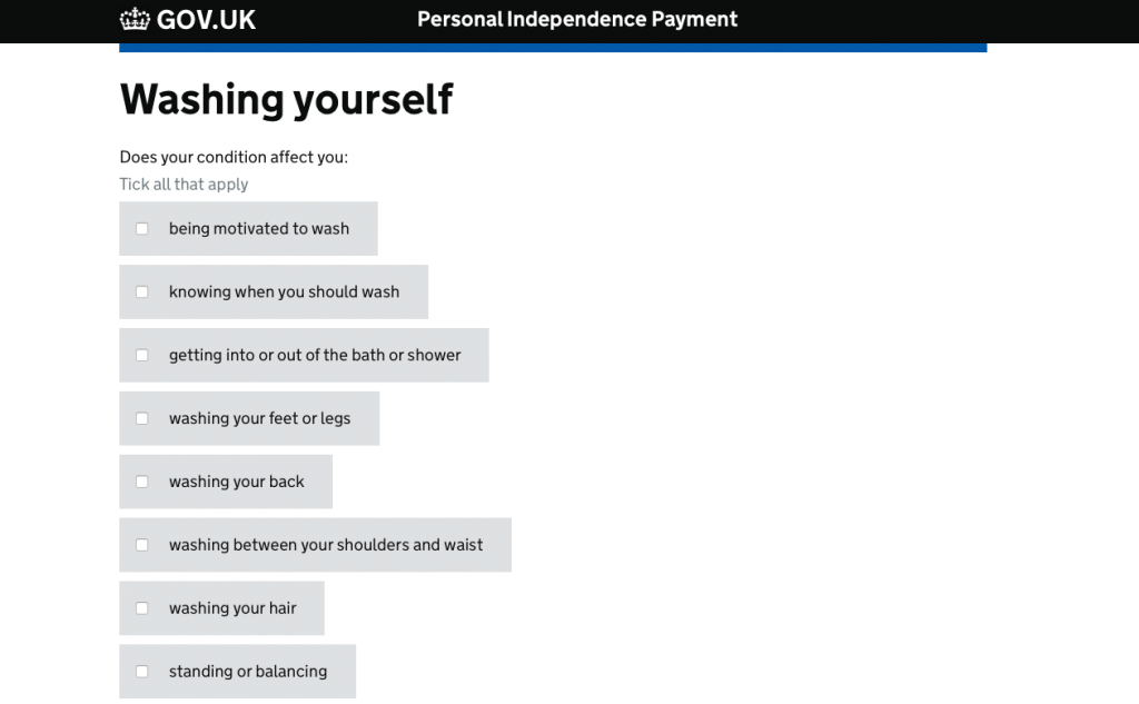 A screen from the PIP prototype showing how tick boxes help users describe their individual condition