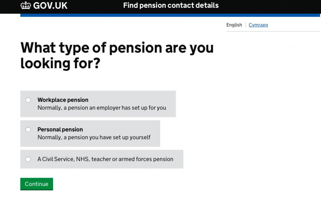 Screen shot from the Find Pension Contact Details service