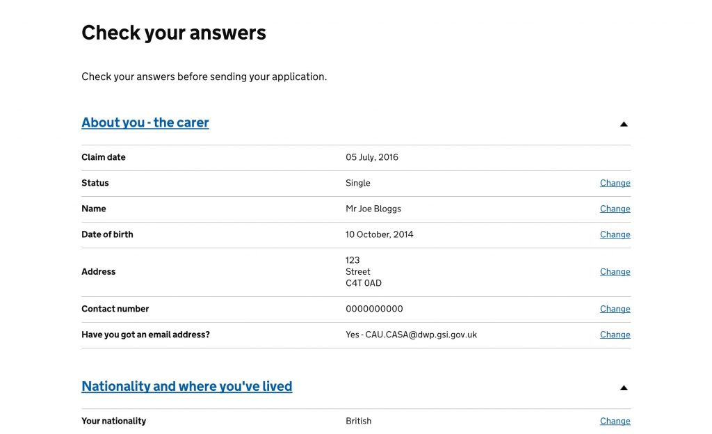 The 'Check Your Answers' feature on Carer's Allowance Digital Service