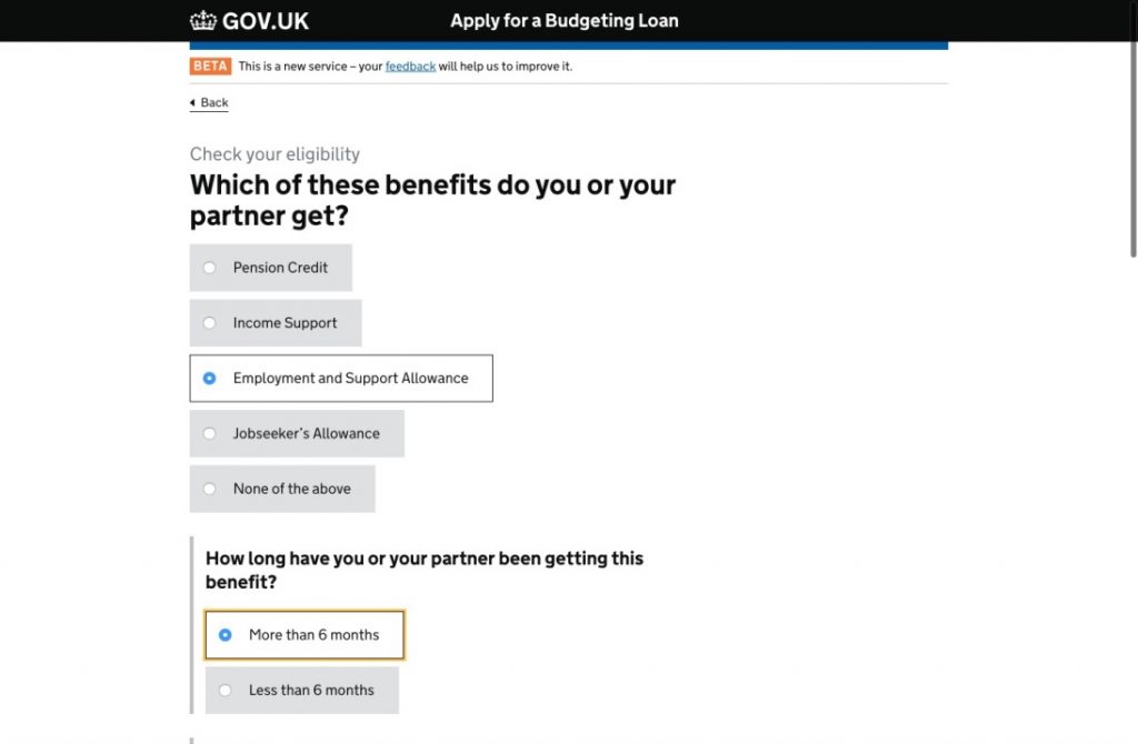 A screen from the Apply for a Budgeting Loan service, showing some of the questions users need to answer