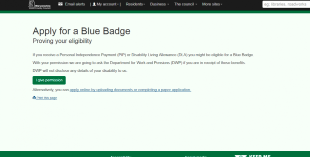 The Warwickshire County Council Blue Badge pilot online service, showing how users are asked ifor permission to use DWP data to assist the application