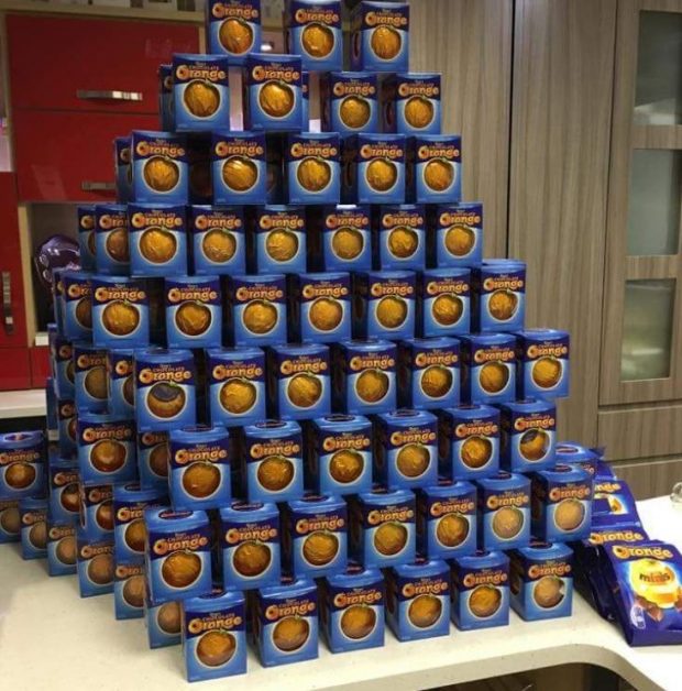 Picture of the chocolate oranges collected into a pyramid shape