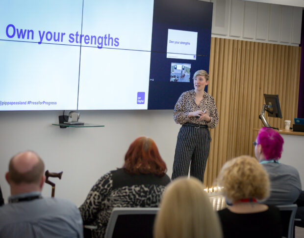 DWP Digital's Pippa Peasland, speaking at an International Women's Day event