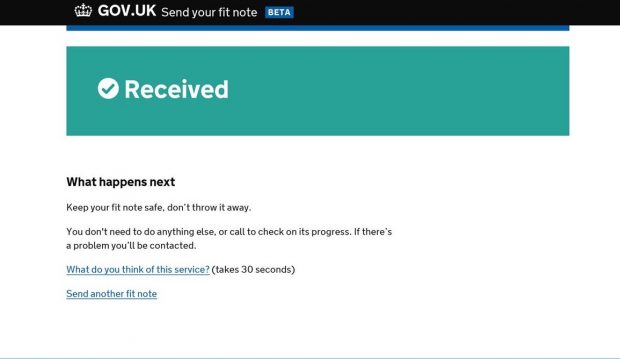 The Send Your Fit Note service screenshot telling a user their application has been received and what happens next in the process
