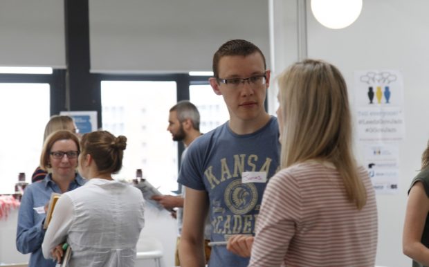 James talks to a fellow GovJam Leeds attendee