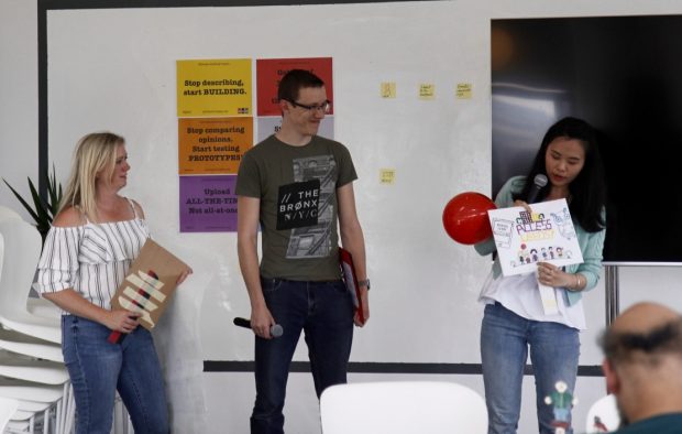 James and fellow team members show their final prototype 