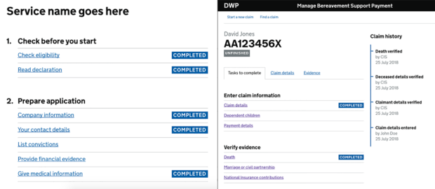 An example page from the Manage Bereavement Support Payment service (right) and the original design template (left)