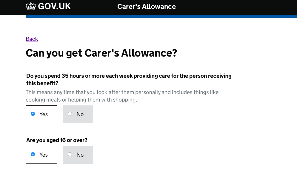 A screen from Apply and Maintain Carer's Allowance