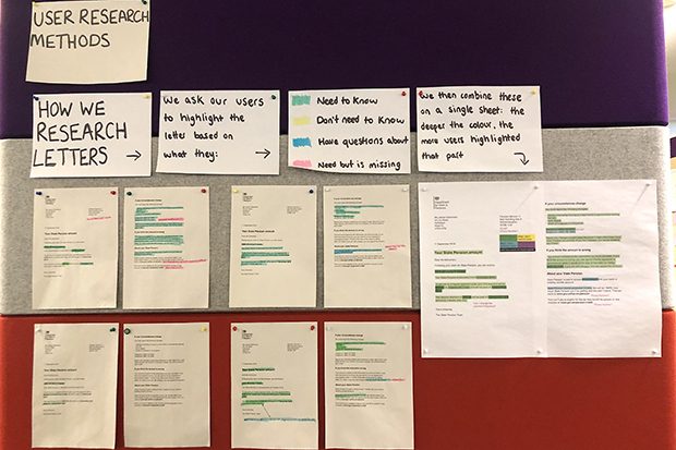 Examples of The highlighter testing Adele's team carried out for Get your State Pension on a chanson wall.