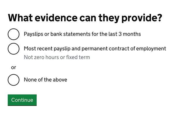 Screen shot of the second replacement screen asking what evidence they can provide. The options are payslips or bankstemens for the last 3 months, most recent payslip and permanent contract of employment (not zero hours or fixed term) and none of the above