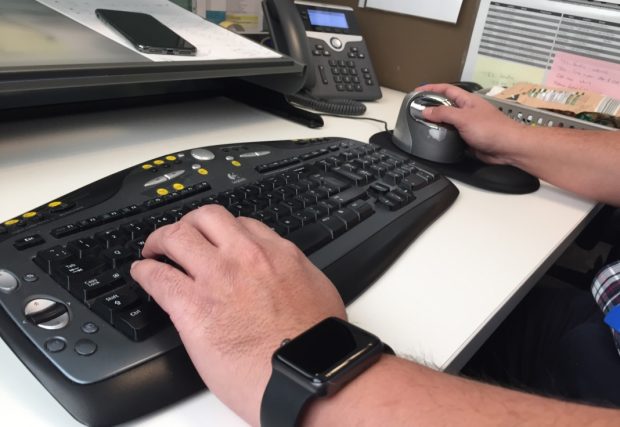 A specially adapted computer keyboard and mouse.