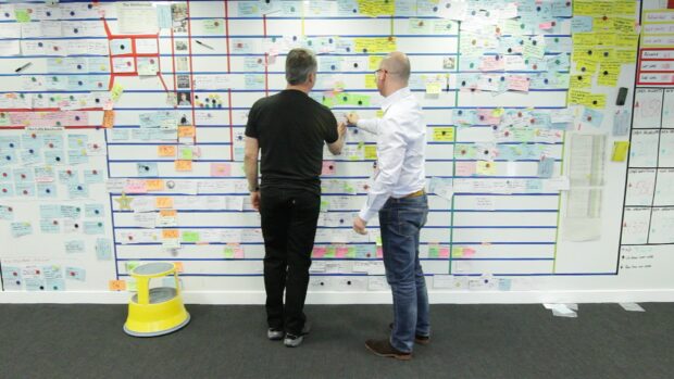 Two male colleagues working at a kanban planning board