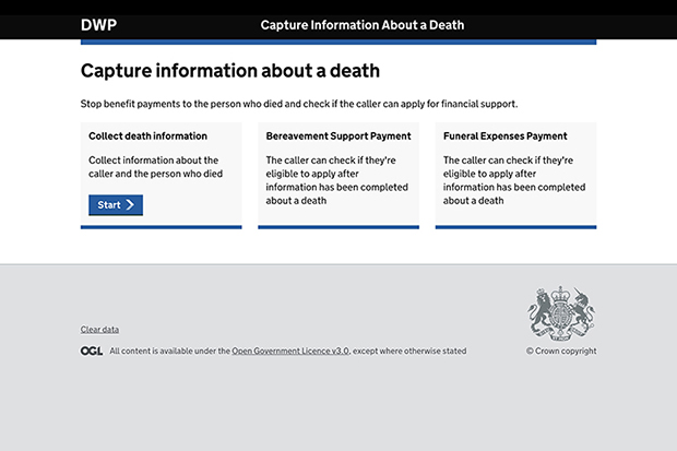 The Capture information about a death digital service website home page, including Collect Death Information, Bereavement Support Payment and Funeral Expenses Payment