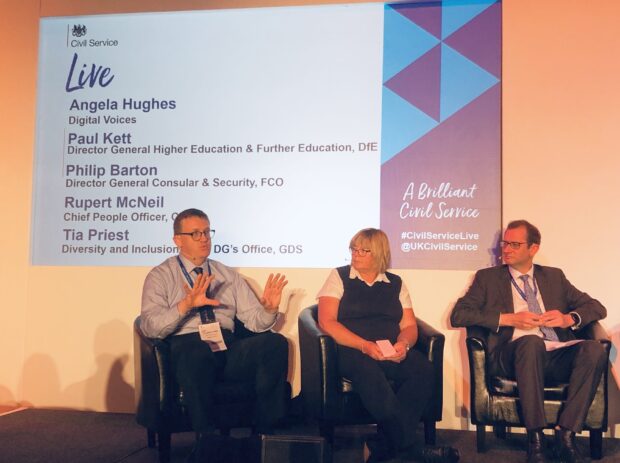 Angela taking part in the panel discussion at Civil Service Live with two other male members of the panel, Paul Kett and Philip Barton