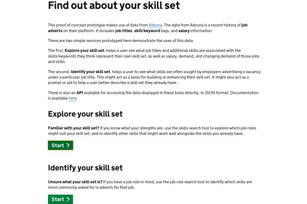 Homepage of the Find about your skill set service which invites users to explore or identify their skill set