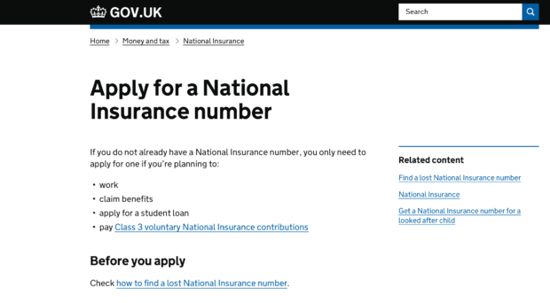 Screen grab of the GOV.UK website Apply for a NINO page