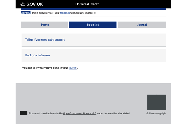A prototype Universal Credit digital service which asks users to book an interview or provide details of extra support they need.