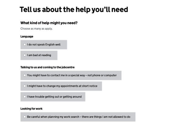 A list of options from a digital service prototype asking users to click don't speak English well, are bad at reading, need contacting in a special way, need to change an appointment, or have mobility issues.