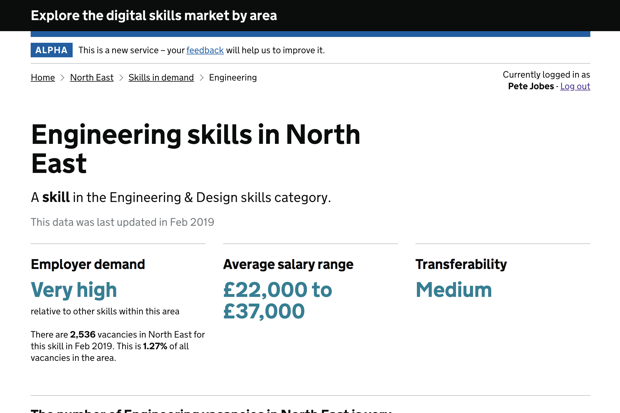 Screen shot from the Examine a Place prototype showing Engineering skills in the North East, listing employer demand (very high), average salary range (£22,000 - £37,000) and Transferability of these skills (medium).