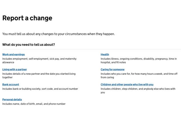 Universal Credit: Report a change screen