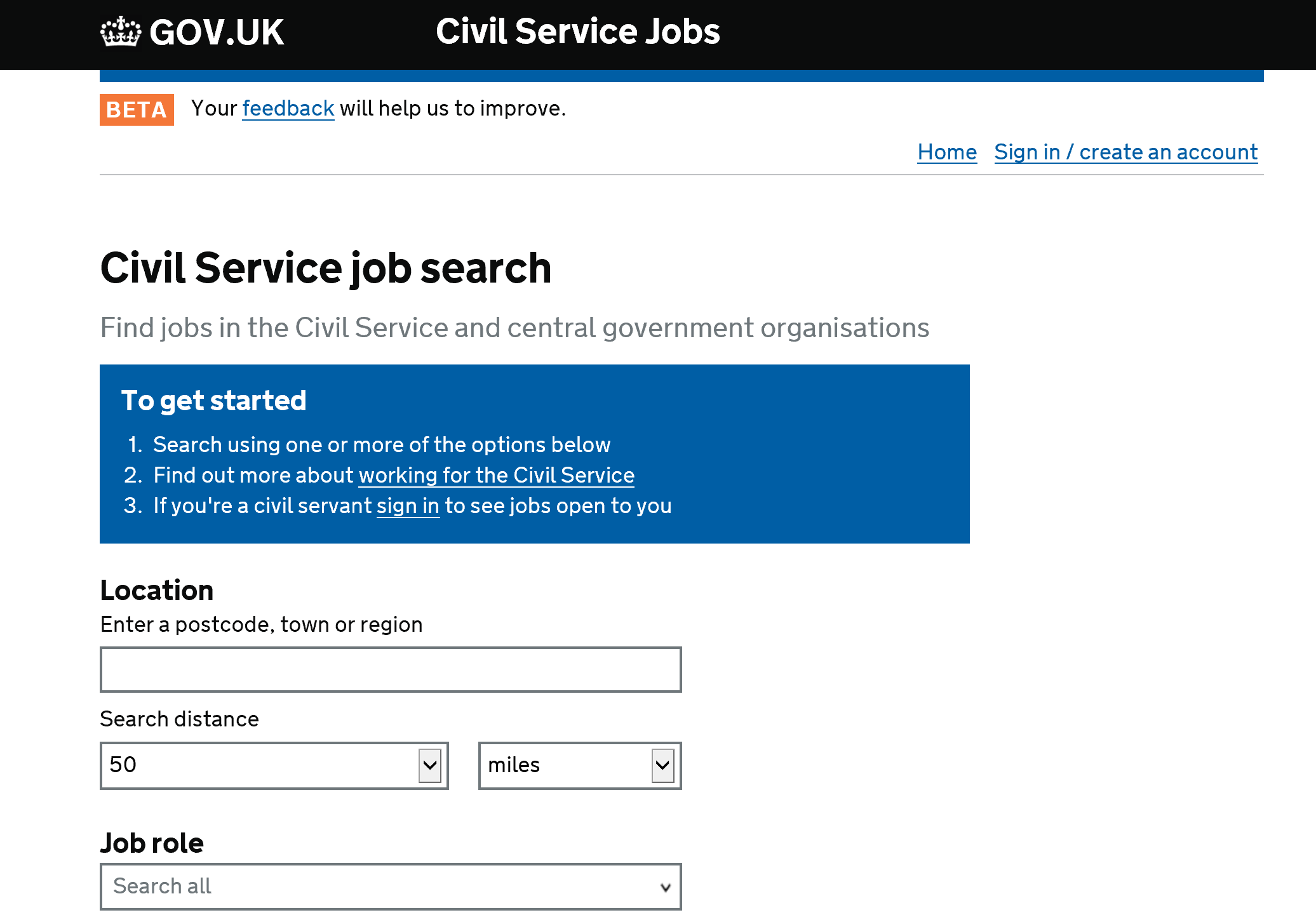 Image shows first page of the Civil Service Jobs website