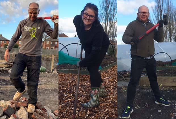 3 images showing individual volunteers at work in thr community garden