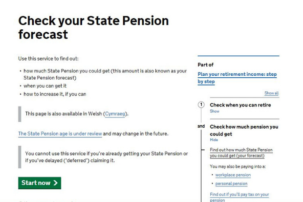 Screen grab of the Check your State Pension page on GOV.UK