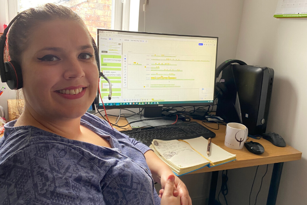 DWP Digital user researcher Sian Beavers working from home