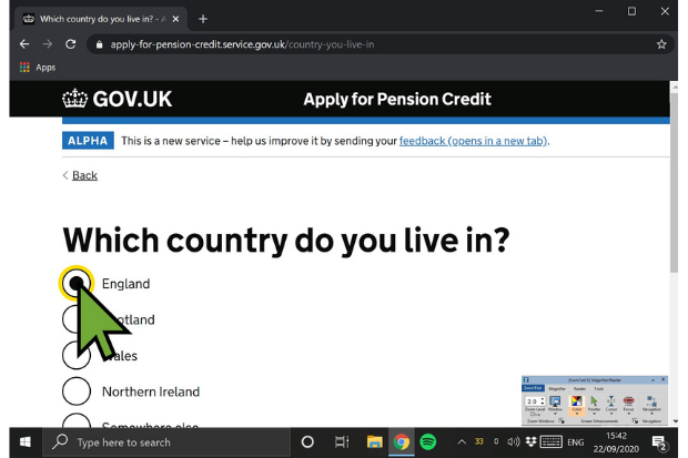 ZoomText software as seen on a GOV.UK website page titled 'Which country do you live in?'