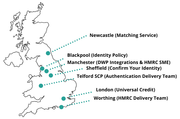 Map of the United Kingdom highlighting the areas where the teams working on the Confirm Your Identity service are based