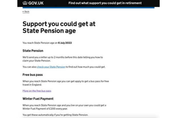 Screen shot of a prototype page on the gov.uk website showing an improved service journey