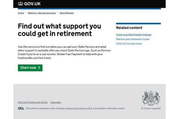 Screen shot of a prototype page on the gov.uk website showing an improved service journey