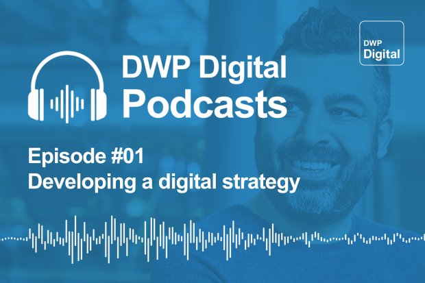 Podcast infographic with headphones and soundwaves and title Episode #01 Developing a digital strategy