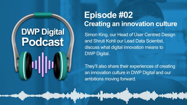 DWP Digital Podcast infographic of headphones with text excerpt: Episode 2, Creating and innovation culture. Simon King, our Head of User Centred Design and Shruti Kohli our Lead Data Scientist, discuss what digital innovation means to DWP Digital. They'll also share their experiences of creating an innovation culture in DWP Digital and our ambitions moving forward.