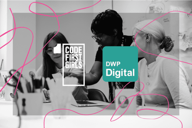 Image of women at a computer screen with CodeFirstGirls and DWP Digital logos 