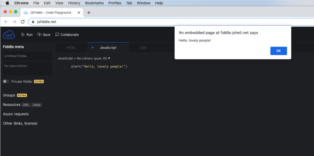 Screen shot of JavaScript in action using JSFiddle