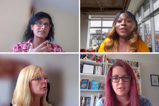 Four women are pictured speaking over a video call at the Digital Voices launch event